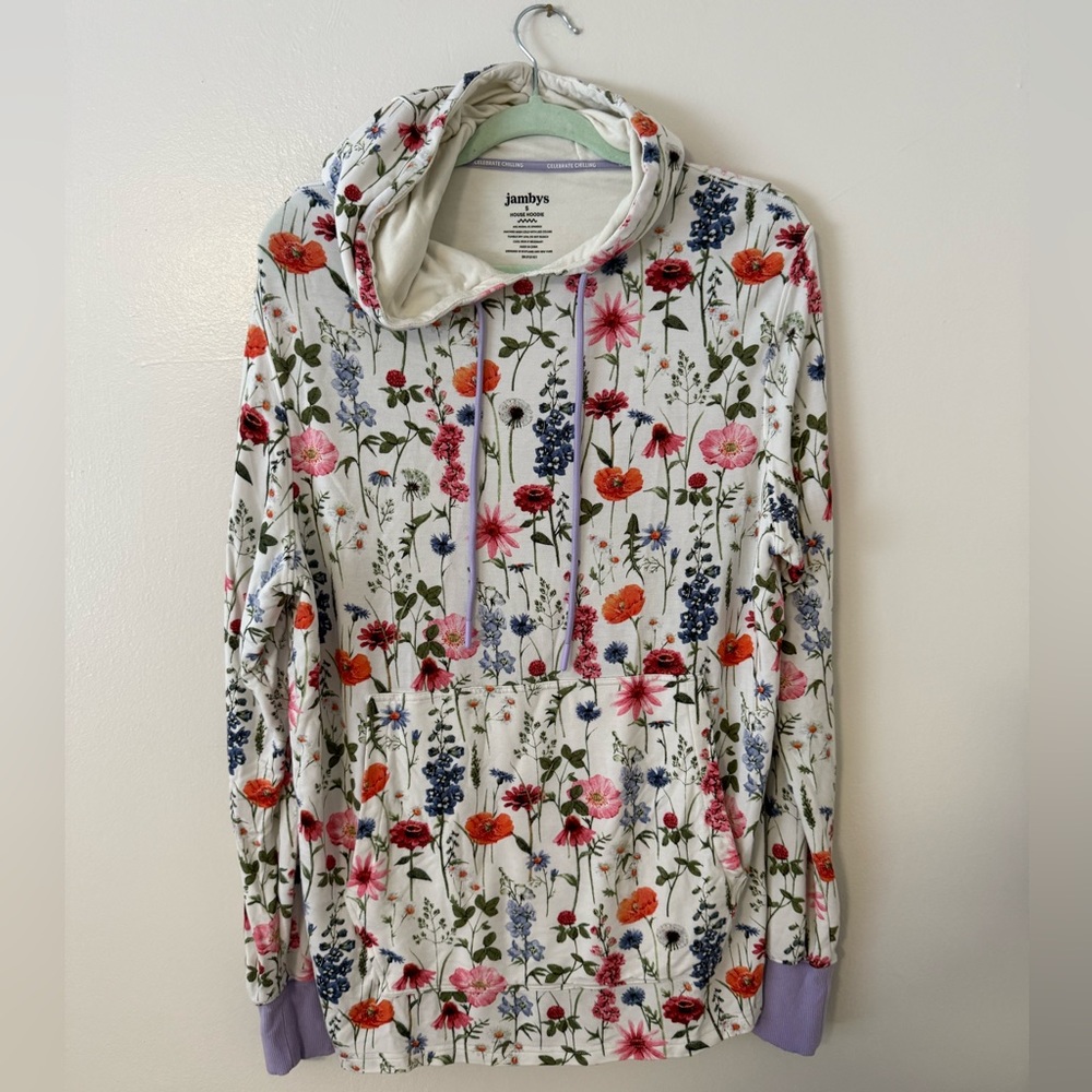 Jambys House Hoodie Spring Floral White & Purple Womens Small Lightweight Soft - Picture 2 of 13